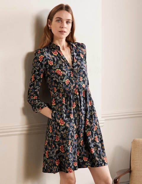 Alma Jersey Shirt Dress - Black, Exotic Floral Alma Jersey Shirt Dress - Black, Exotic Floral