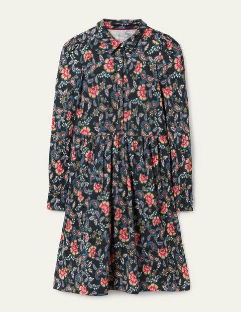 Alma Jersey Shirt Dress - Black, Exotic Floral Alma Jersey Shirt Dress - Black, Exotic Floral