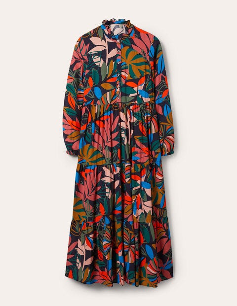 Tiered Maxi Shirt Dress - French Navy, Tropic Palm Tiered Maxi Shirt Dress - French Navy, Tropic Palm