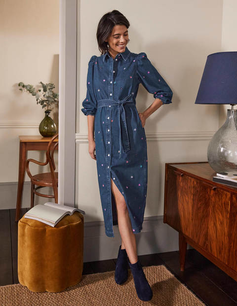 Gerade geschnittenes Kleid mit Puffärmeln - Mittleres Vintageblau, Denim/Blumenmuster Gerade geschnittenes Kleid mit Puffärmeln - Mittleres Vintageblau, Denim/Blumenmuster