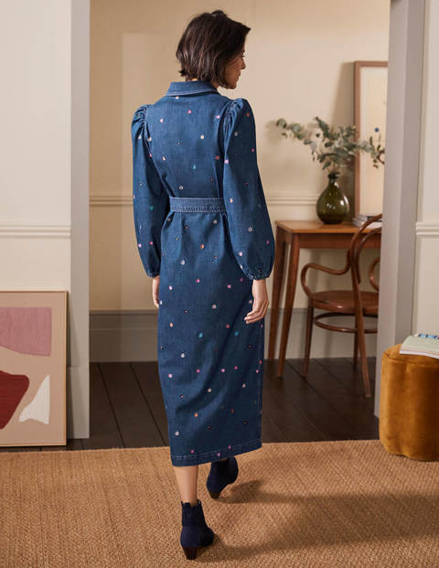 Gerade geschnittenes Kleid mit Puffärmeln - Mittleres Vintageblau, Denim/Blumenmuster Gerade geschnittenes Kleid mit Puffärmeln - Mittleres Vintageblau, Denim/Blumenmuster
