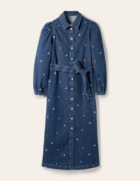 Gerade geschnittenes Kleid mit Puffärmeln - Mittleres Vintageblau, Denim/Blumenmuster Gerade geschnittenes Kleid mit Puffärmeln - Mittleres Vintageblau, Denim/Blumenmuster
