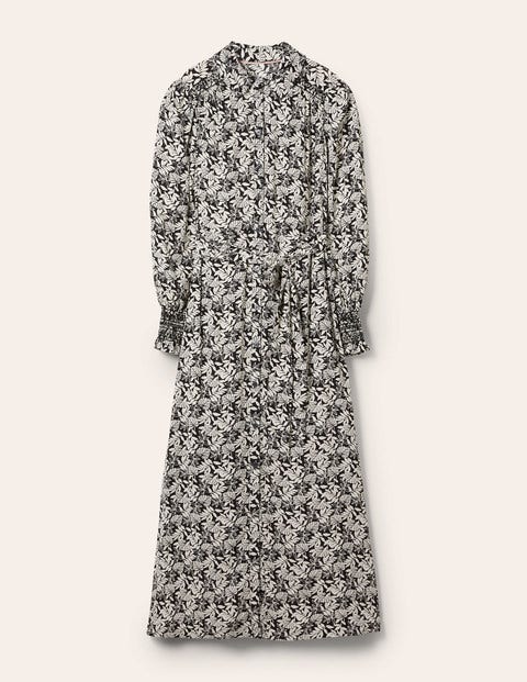 Hemdblusenkleid mit Smokdetail - Schwarz, Tropische Palmen Hemdblusenkleid mit Smokdetail - Schwarz, Tropische Palmen