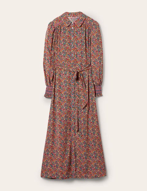 Smocking Detail Shirt Dress - Dusty Red, Dainty Flowers Smocking Detail Shirt Dress - Dusty Red, Dainty Flowers