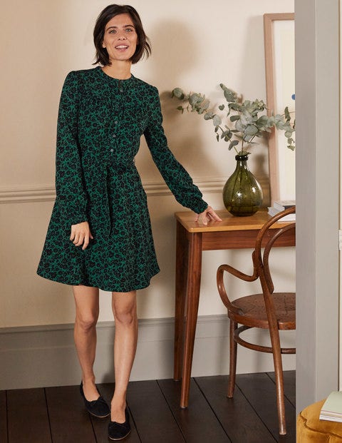 Ruffle Button Mini Dress - Deep Forest, Elegant Bloom Ruffle Button Mini Dress - Deep Forest, Elegant Bloom