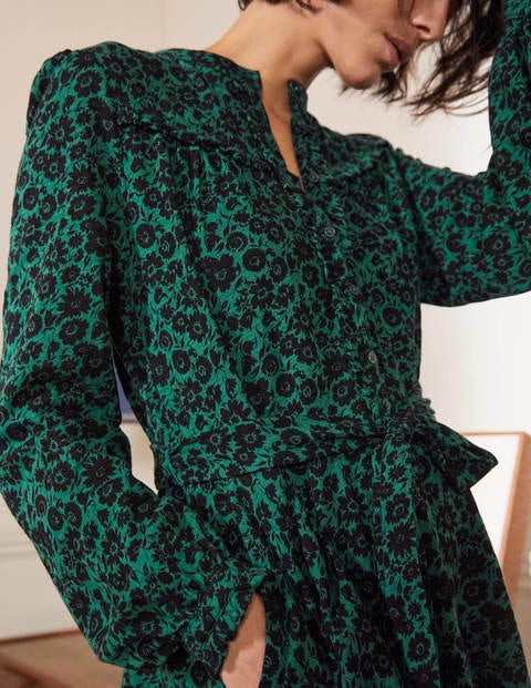 Ruffle Button Mini Dress - Deep Forest, Elegant Bloom Ruffle Button Mini Dress - Deep Forest, Elegant Bloom