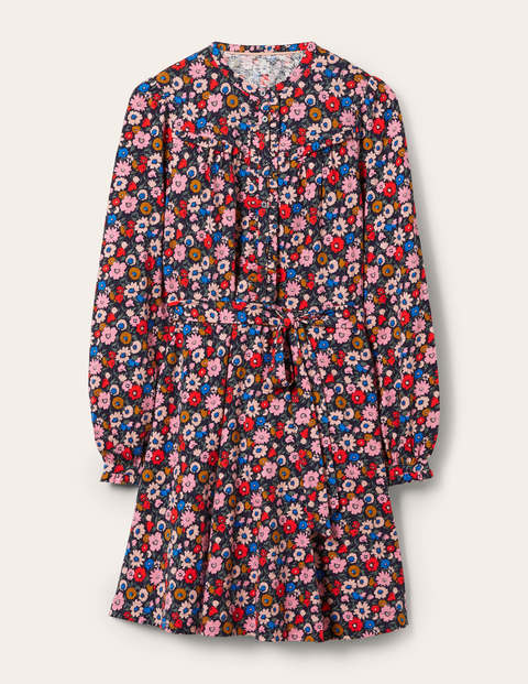 Ruffle Button Mini Dress - French Navy, Elegant Bloom Ruffle Button Mini Dress - French Navy, Elegant Bloom