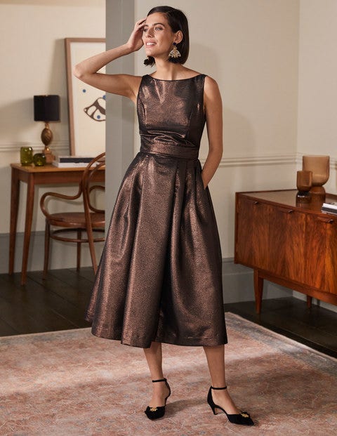 Scoop Back Fit and Flare Dress - Bronze Lurex