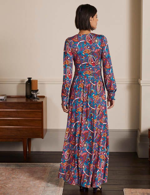 Maxi-Wickelkleid aus Jersey - Winterliches Azurblau, Fantasiemuster Maxi-Wickelkleid aus Jersey - Winterliches Azurblau, Fantasiemuster