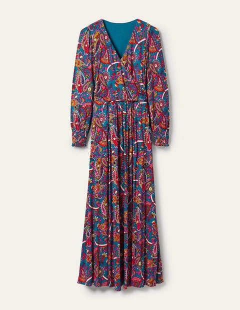 Maxi-Wickelkleid aus Jersey - Winterliches Azurblau, Fantasiemuster Maxi-Wickelkleid aus Jersey - Winterliches Azurblau, Fantasiemuster