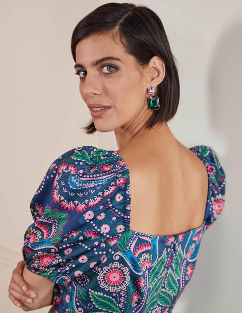 Kurzes Kleid mit Puffärmeln - Navy, Paisleymuster mit Gänseblümchen Kurzes Kleid mit Puffärmeln - Navy, Paisleymuster mit Gänseblümchen