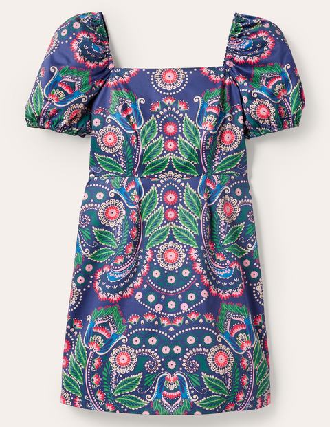 Kurzes Kleid mit Puffärmeln - Navy, Paisleymuster mit Gänseblümchen Kurzes Kleid mit Puffärmeln - Navy, Paisleymuster mit Gänseblümchen