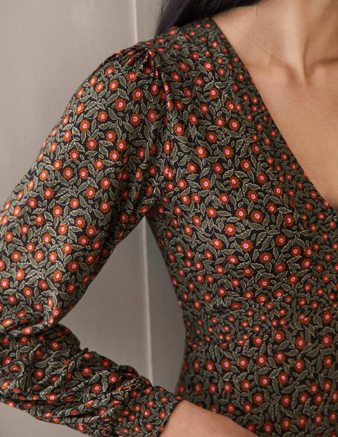 Jerseykleid mit Empire-Form - Sumpfgrün, Filigranes Blumenmuster