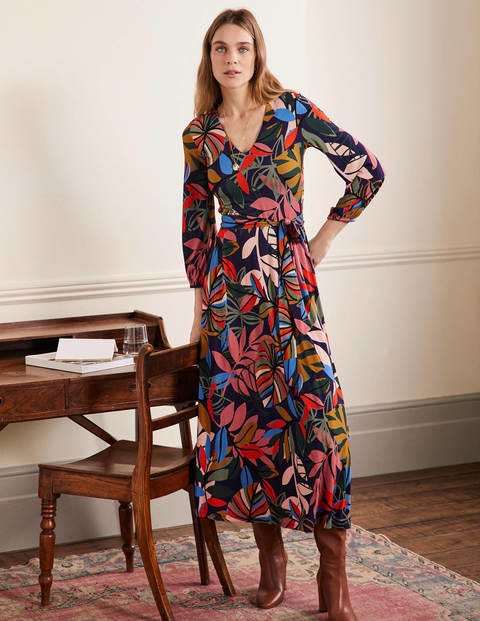 Jodie Jerseykleid - Französisches Navy, Tropische Palmen Jodie Jerseykleid - Französisches Navy, Tropische Palmen