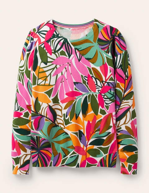 Baumwollpullover mit Rundhalsausschnitt - Naturweiß, Tropische Palmen Baumwollpullover mit Rundhalsausschnitt - Naturweiß, Tropische Palmen