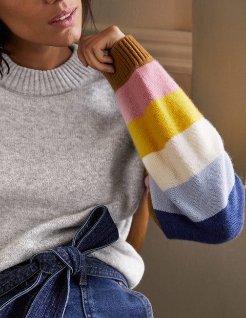Bell Sleeve Cashmere Sweater - Grey Melange, Multi Stripe