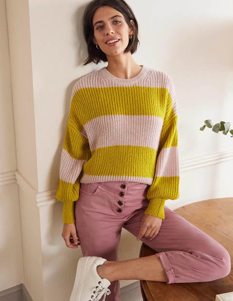 Blouson Cuff Fluffy Sweater - Pink, Yellow Multistripe