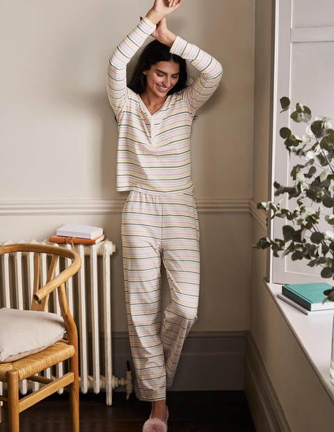Emma Long Sleeve Pyjama Top - Pale Lemon and Heath Stripe Emma Long Sleeve Pyjama Top - Pale Lemon and Heath Stripe