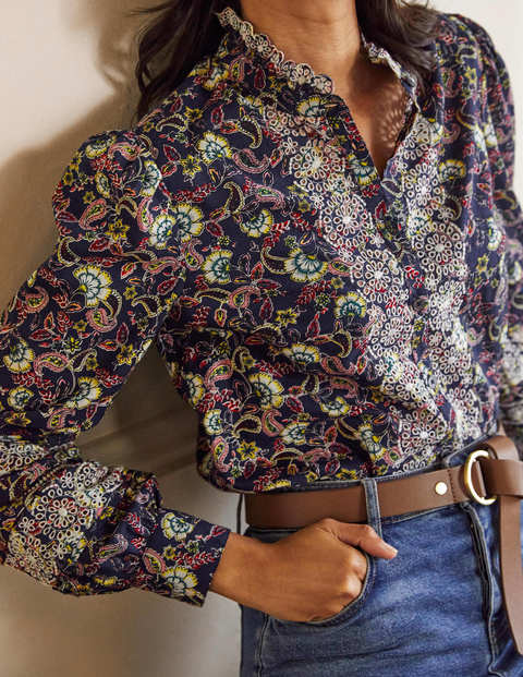 Broderie Cotton Blouse - French Navy, Exotic Floral Broderie Cotton Blouse - French Navy, Exotic Floral
