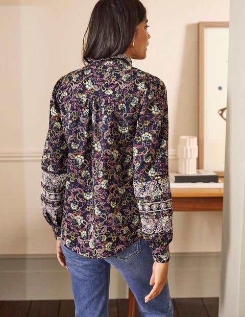 Broderie Cotton Blouse - French Navy, Exotic Floral Broderie Cotton Blouse - French Navy, Exotic Floral