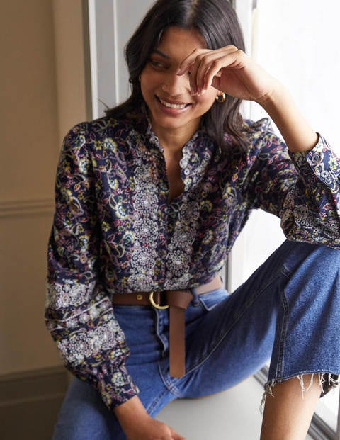 Broderie Cotton Blouse - French Navy, Exotic Floral Broderie Cotton Blouse - French Navy, Exotic Floral