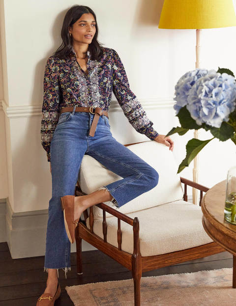 Broderie Cotton Blouse - French Navy, Exotic Floral Broderie Cotton Blouse - French Navy, Exotic Floral