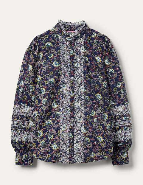 Broderie Cotton Blouse - French Navy, Exotic Floral Broderie Cotton Blouse - French Navy, Exotic Floral