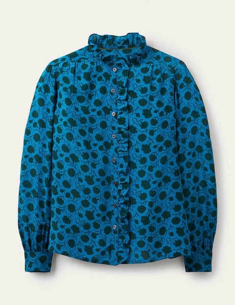 Blouse volantée en soie à col montant - Azur hivernal, motif Leafy Bud Blouse volantée en soie à col montant - Azur hivernal, motif Leafy Bud