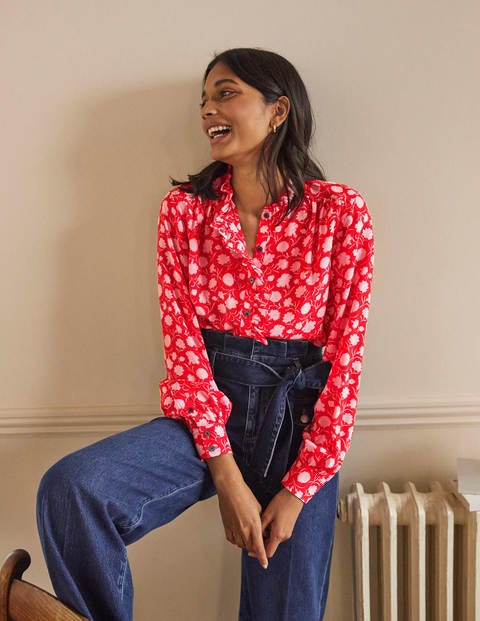 High Neck Ruffle Silk Blouse - Poppadew, Leafy Bud High Neck Ruffle Silk Blouse - Poppadew, Leafy Bud