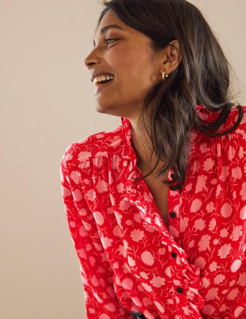 High Neck Ruffle Silk Blouse - Poppadew, Leafy Bud High Neck Ruffle Silk Blouse - Poppadew, Leafy Bud