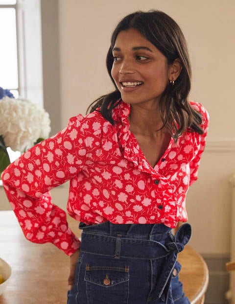High Neck Ruffle Silk Blouse - Poppadew, Leafy Bud High Neck Ruffle Silk Blouse - Poppadew, Leafy Bud