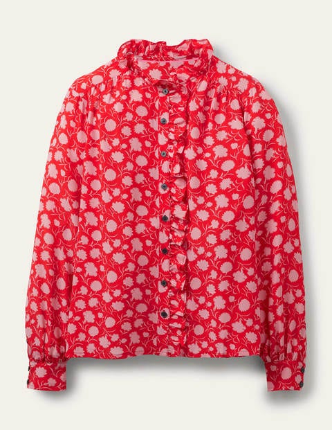 High Neck Ruffle Silk Blouse - Poppadew, Leafy Bud High Neck Ruffle Silk Blouse - Poppadew, Leafy Bud