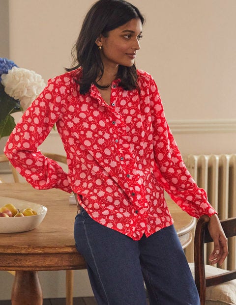 High Neck Ruffle Silk Blouse - Poppadew, Leafy Bud High Neck Ruffle Silk Blouse - Poppadew, Leafy Bud