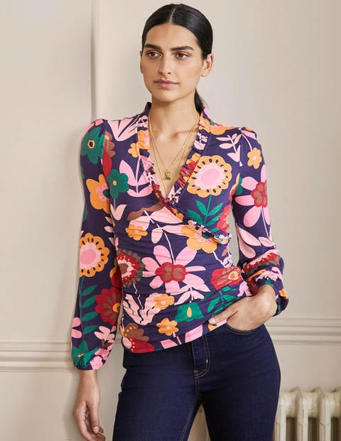 Frill Neck Blouson Wrap Top - French Navy, Flora Bloom Frill Neck Blouson Wrap Top - French Navy, Flora Bloom