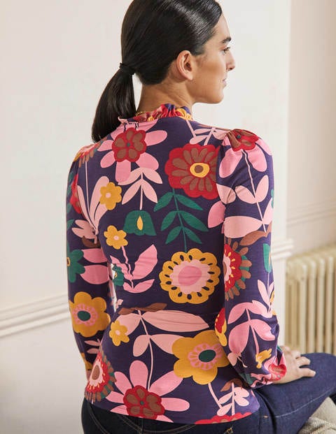 Frill Neck Blouson Wrap Top - French Navy, Flora Bloom Frill Neck Blouson Wrap Top - French Navy, Flora Bloom