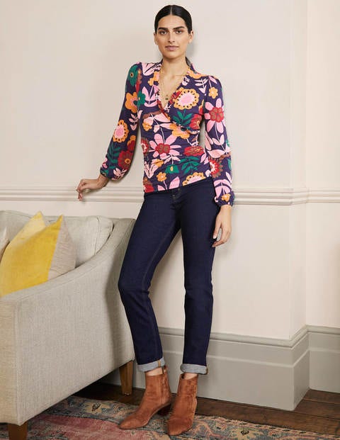 Frill Neck Blouson Wrap Top - French Navy, Flora Bloom Frill Neck Blouson Wrap Top - French Navy, Flora Bloom