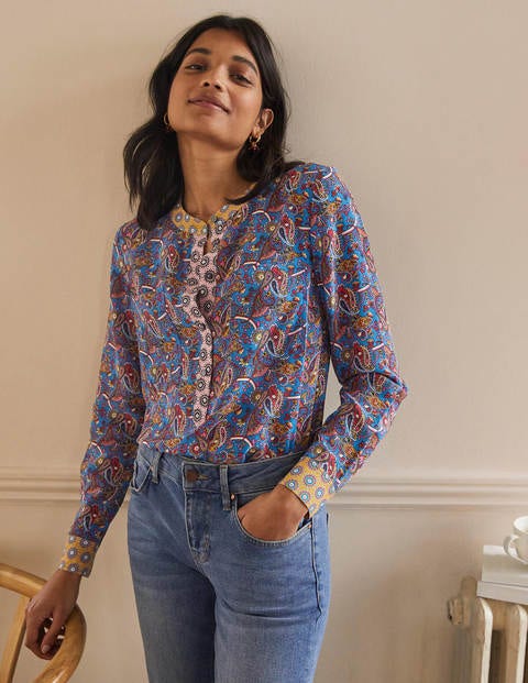 Silk Collarless Blouse - Winter Azure Silk Collarless Blouse - Winter Azure