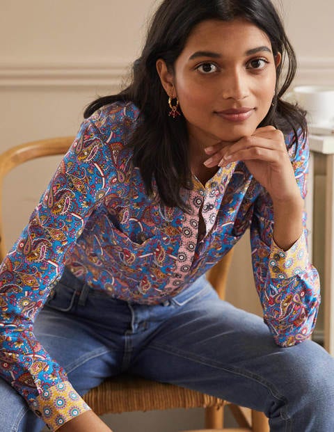Silk Collarless Blouse - Winter Azure Silk Collarless Blouse - Winter Azure