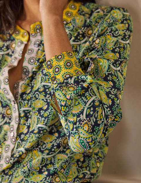 Blouse sans col en soie - Doré miel/bleu marine foncé Blouse sans col en soie - Doré miel/bleu marine foncé