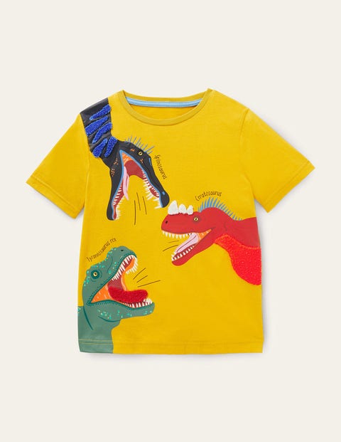 Peeking In Appliqué T-shirt - Daffodil Yellow Dinosaurs