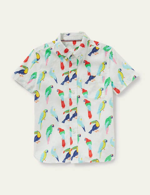 Holiday Cotton Linen Shirt - Ivory Tropical Birds