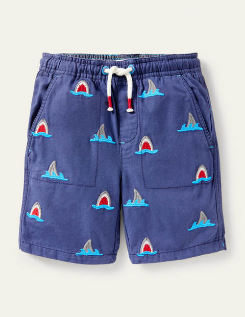 Shorts mit Tunnelzug zum Hineinschlüpfen - Navy, Hai-Stickerei