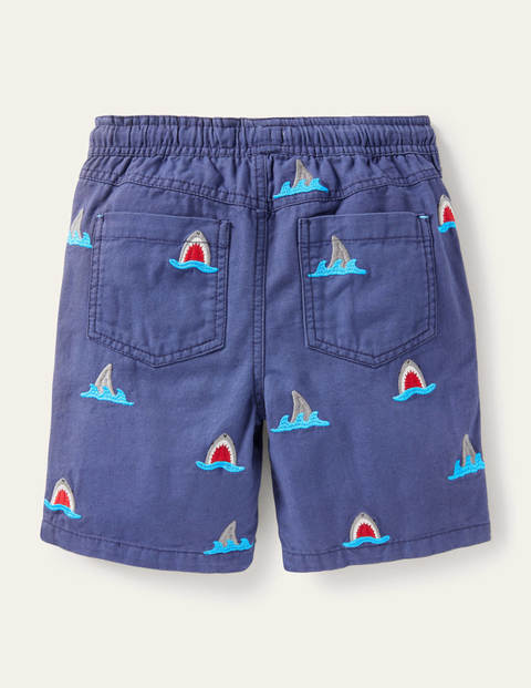 Navy Shark Pull-on Drawstring Shorts - Navy Shark Embroidery