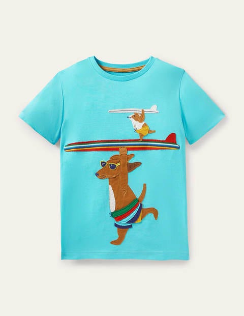 Beach Appliqué T-shirt - Turquoise Blue Surfing Dog