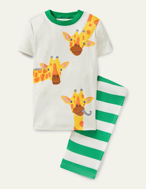 Kurzer Schlafanzug mit Grafik - Paprikagrün/Naturweiß, Giraffen