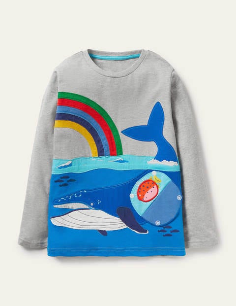 T-Shirt mit Tierapplikation mit zwei Klappen - Grau Meliert, Wal T-Shirt mit Tierapplikation mit zwei Klappen - Grau Meliert, Wal