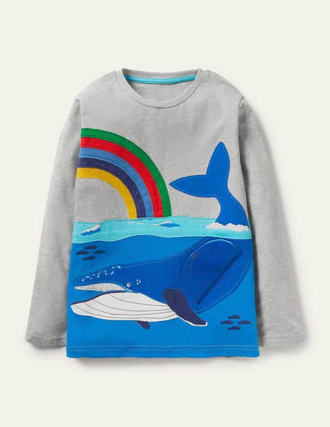 T-Shirt mit Tierapplikation mit zwei Klappen - Grau Meliert, Wal T-Shirt mit Tierapplikation mit zwei Klappen - Grau Meliert, Wal