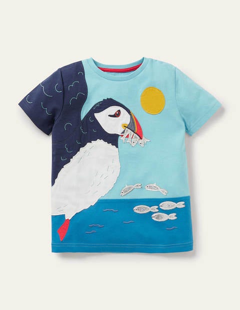 T-Shirt mit Papageitaucher-Applikation - Surfbrett-Blau, Papageitaucher T-Shirt mit Papageitaucher-Applikation - Surfbrett-Blau, Papageitaucher