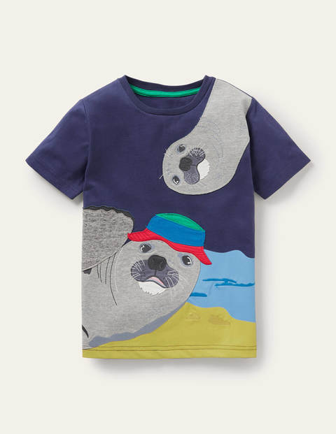 T-Shirt mit Tierapplikation - Segelblau, Seehunde