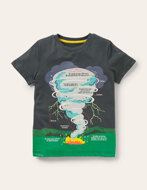 Leuchtendes T-Shirt mit lehrreichem Motiv - Rauchgrau, Tornado